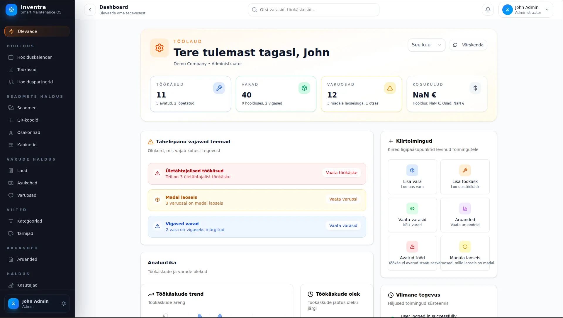 Inventra varahalduse ja hoolduste juhtimislaud