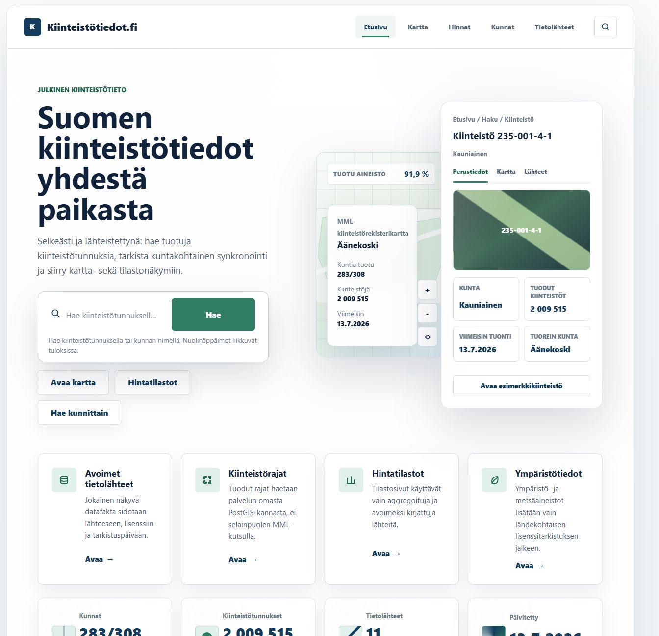 Kiinteistötiedot.fi Soome kinnisvaraandmete portaali avaleht